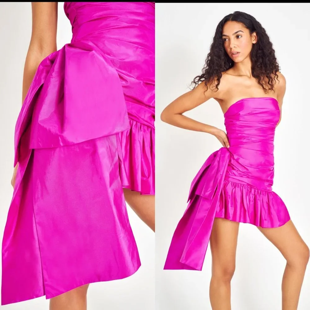 LoveShackFancy NEW Noble Bow Silk Formal Flirty Fuschia Mini Dress Size 12 - Picture 13 of 14